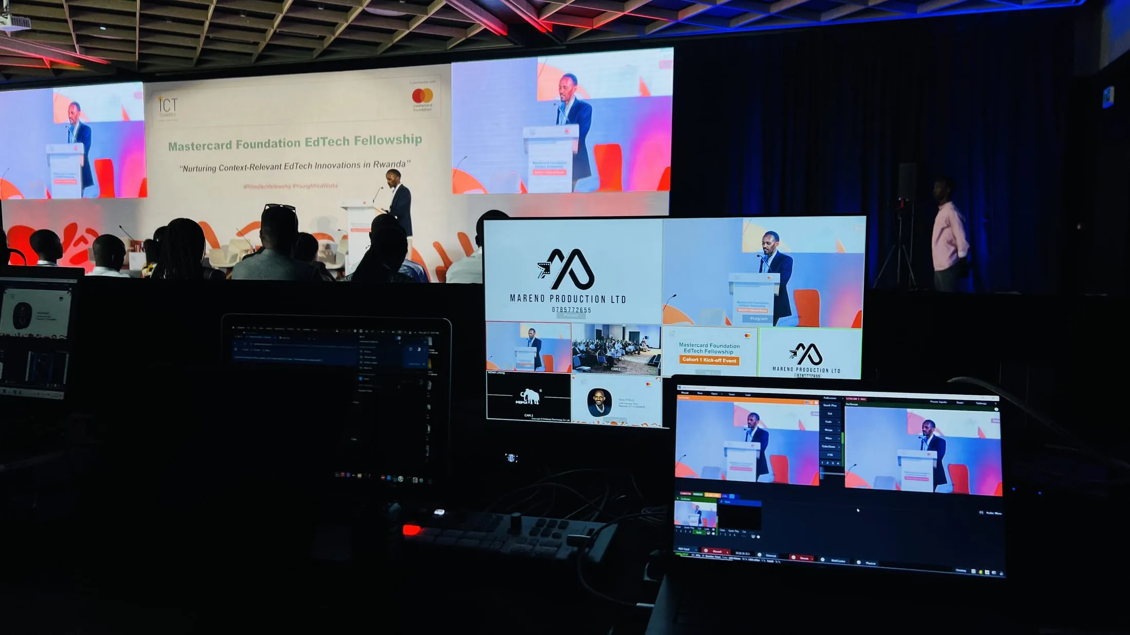 Broadcast control room with a Mareno Production Ltd branded livestream player on the center monitor