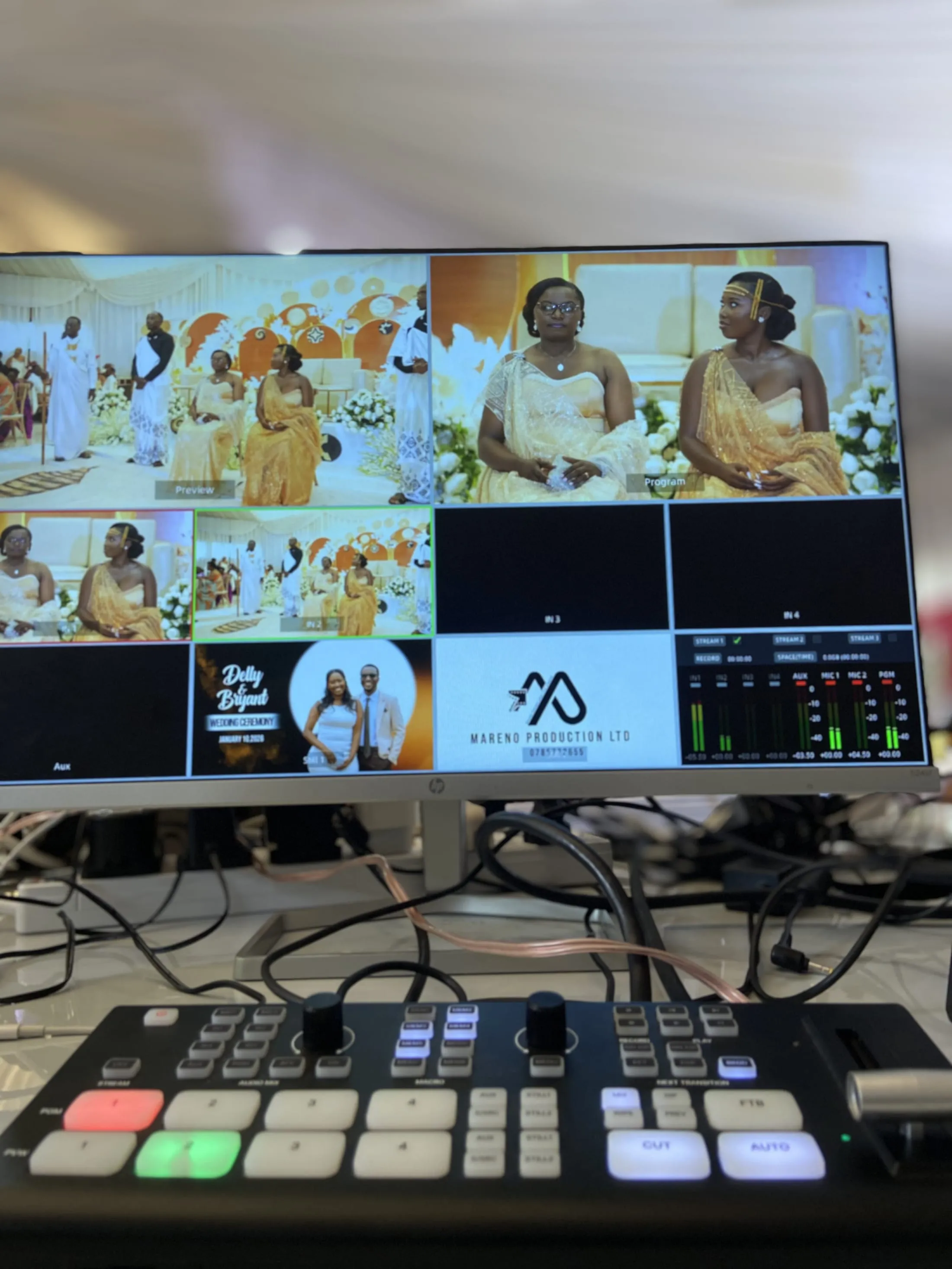 Multiview switcher showing Delly and Bryant's traditional wedding ceremony, with the Mareno Production Ltd logo overlay