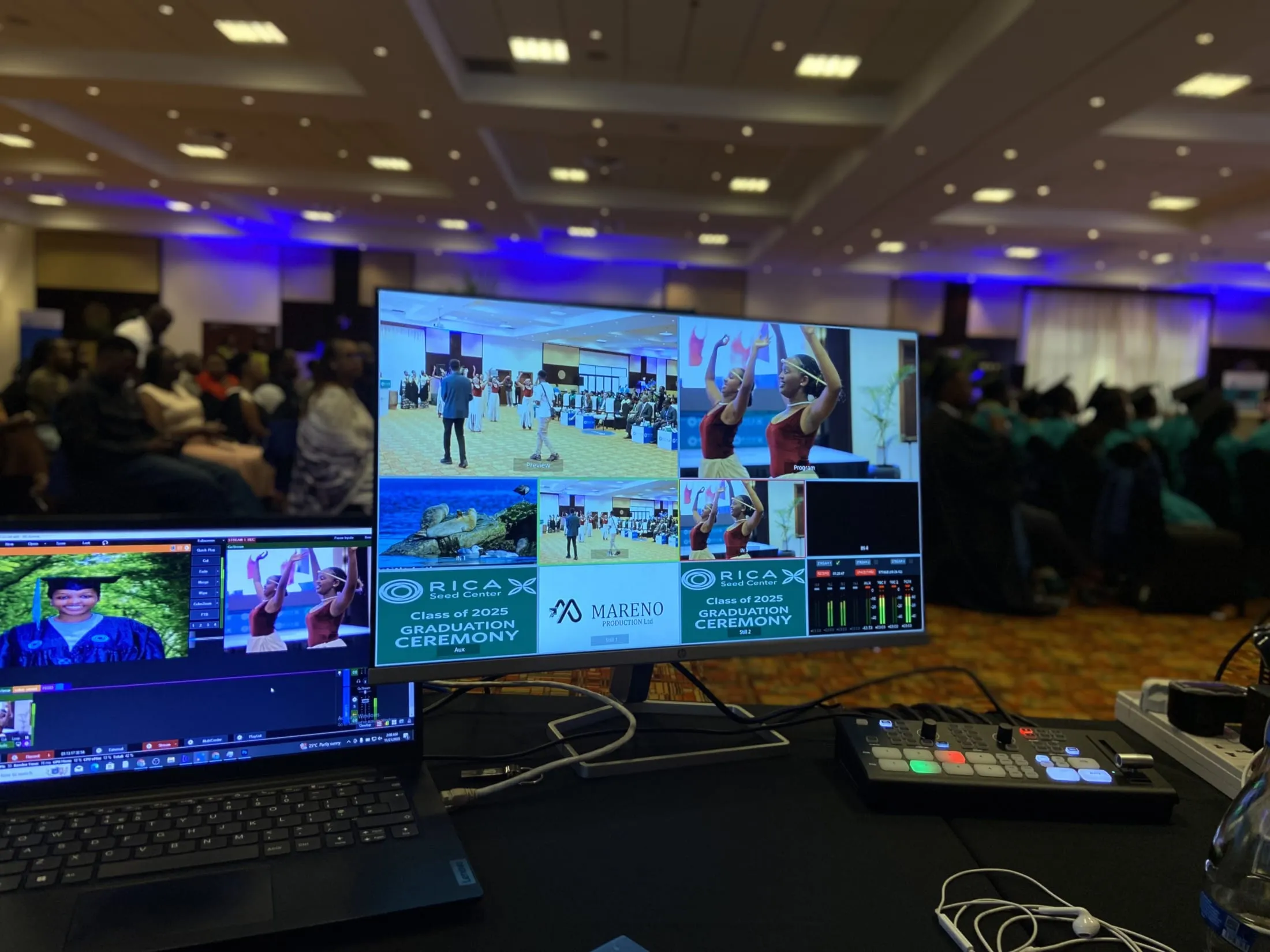 Multiview switcher showing performers and the audience at the RICA Seed Center Class of 2025 graduation ceremony