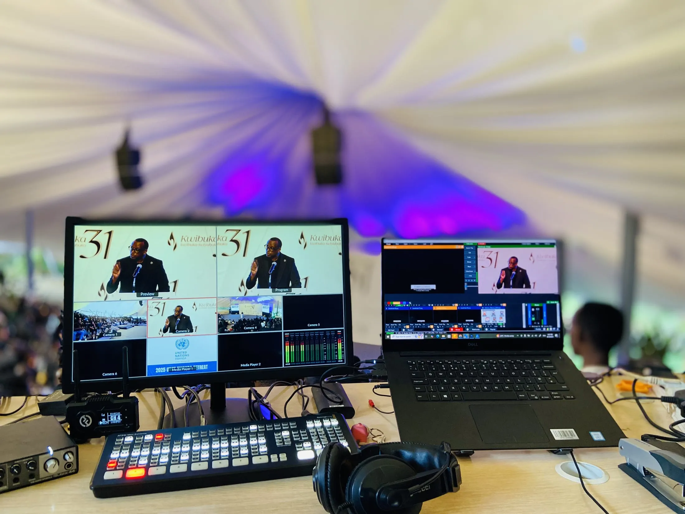 Broadcast monitor showing Kwibuka 31 commemoration coverage, produced in partnership with United Nations Rwanda