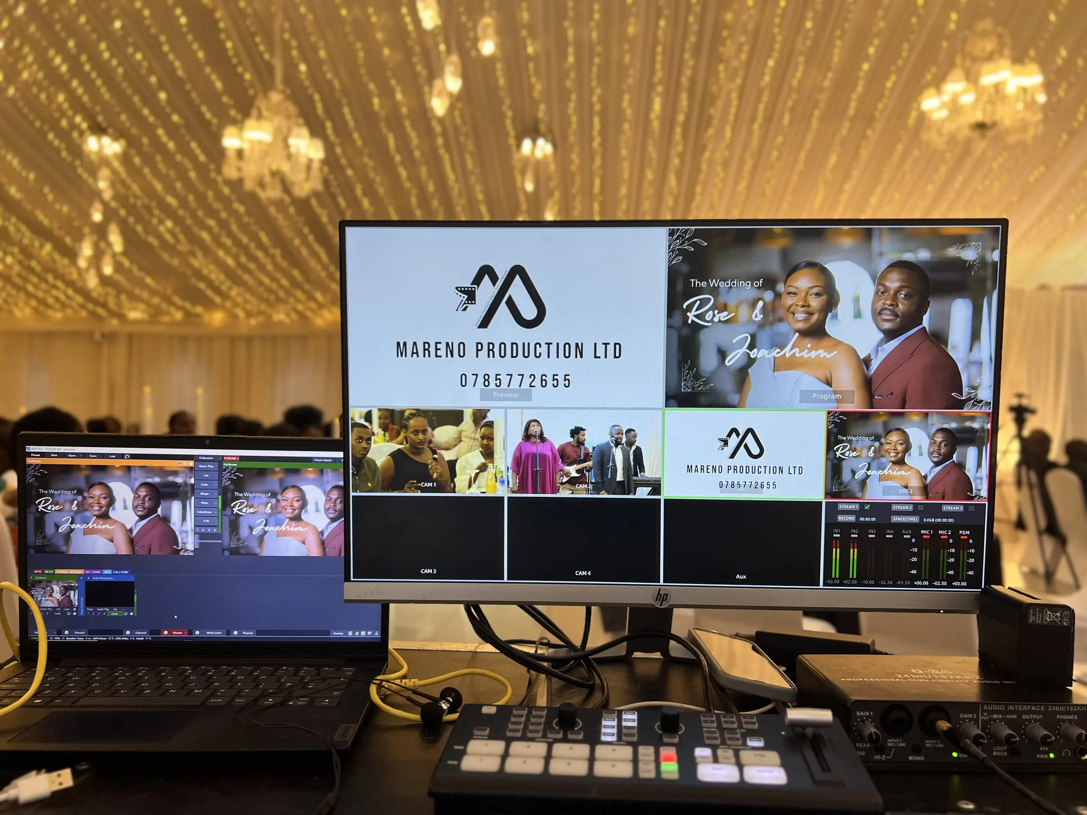 Wide shot of the switcher setup and photographer at Rose and Joachim's wedding reception